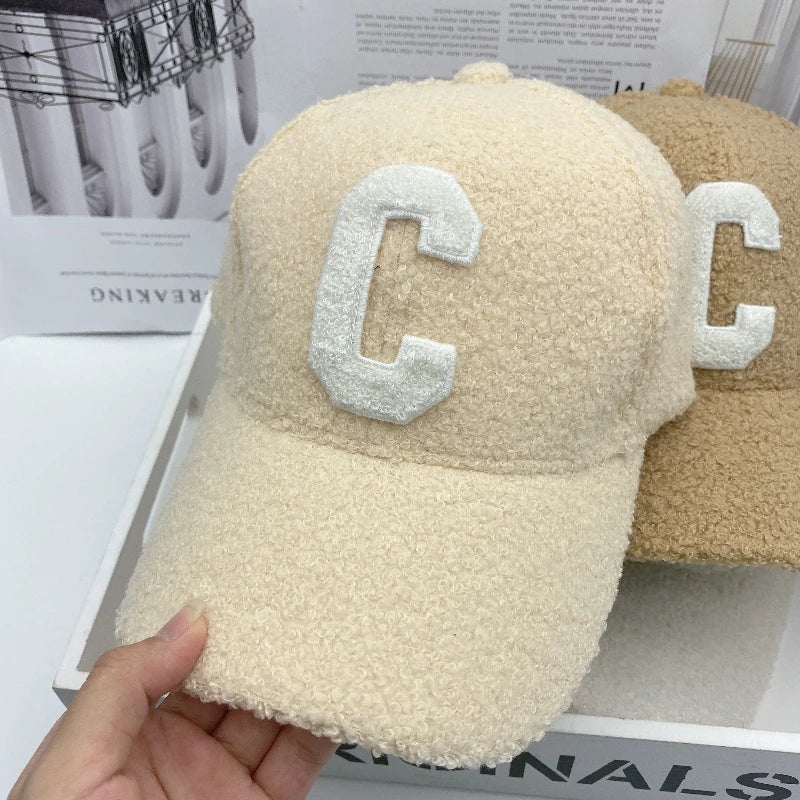 Ladies Lamb Fur "C" Letter Baseball Cap