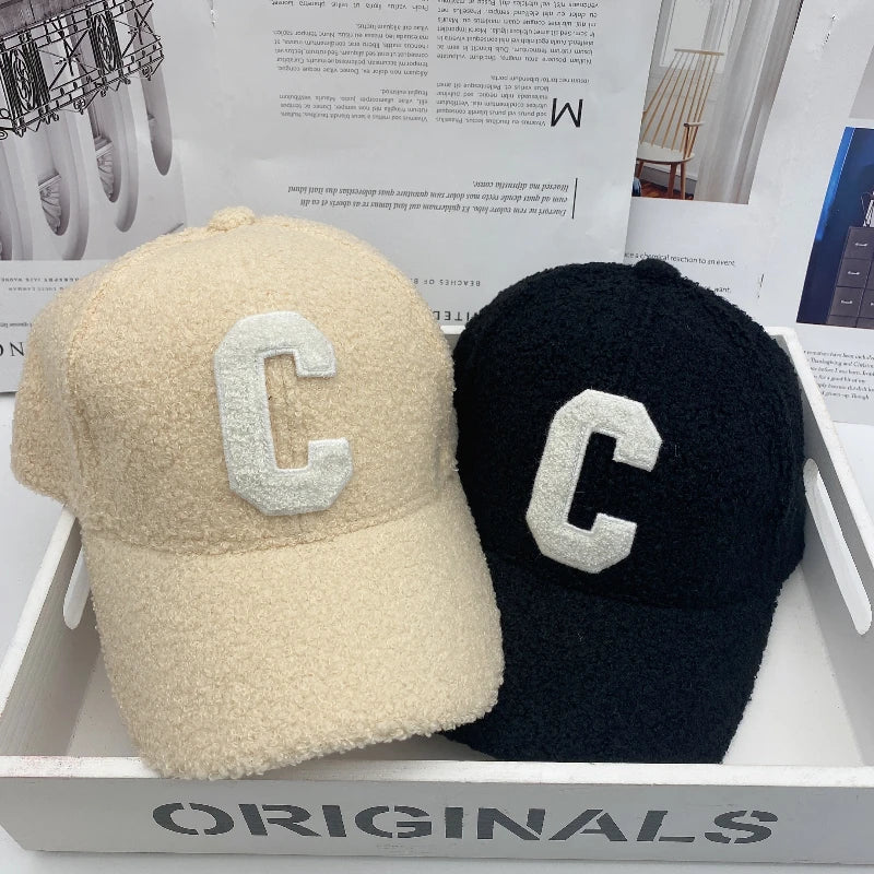 Ladies Lamb Fur "C" Letter Baseball Cap