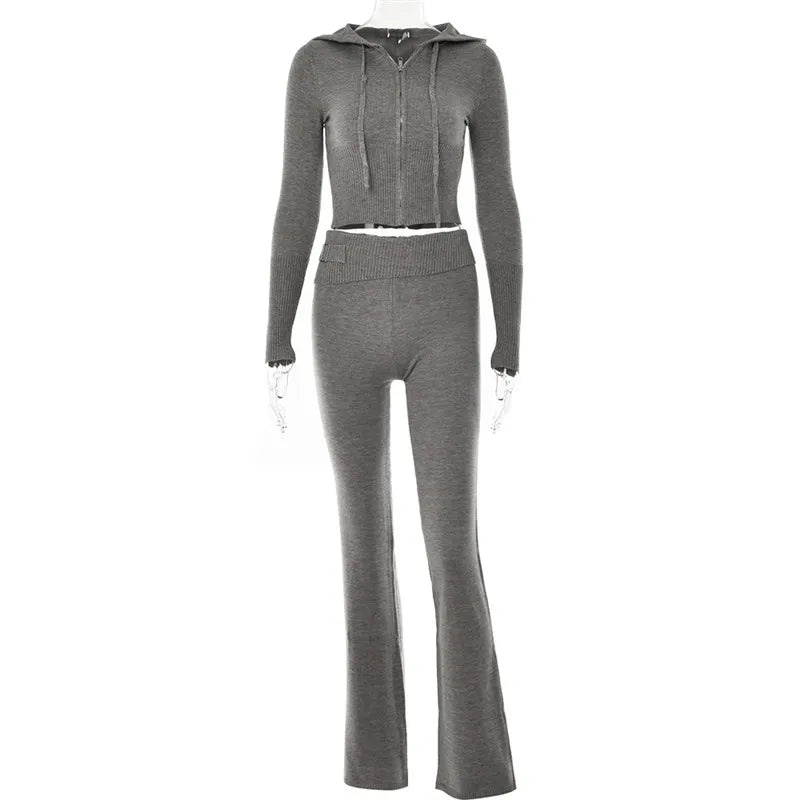 Casual Ribbed Knit Two Piece Tracksuit Set (Top Quality)